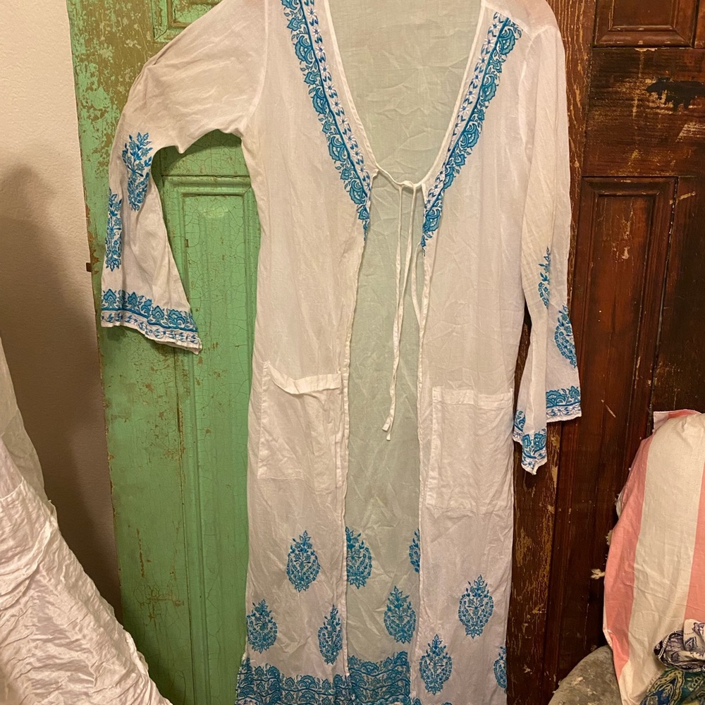 Adiva White and Blue Embroidered Swim Coverup